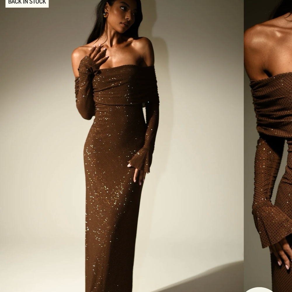 Meshki Chocolate Diamante Off-Shoulder Dress